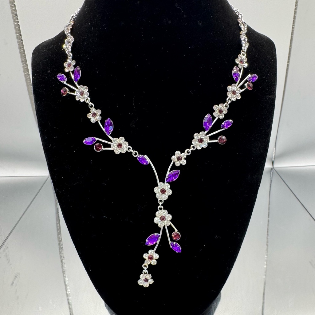Danbury Mint Mulberry Blooms Purple, Clear Crystal & Silver Floral Necklace